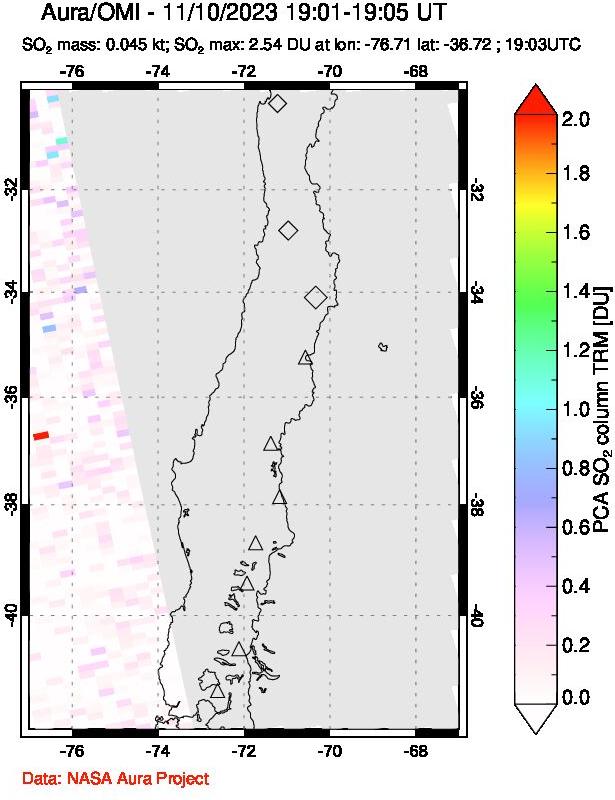 A sulfur dioxide image over Central Chile on Nov 10, 2023.