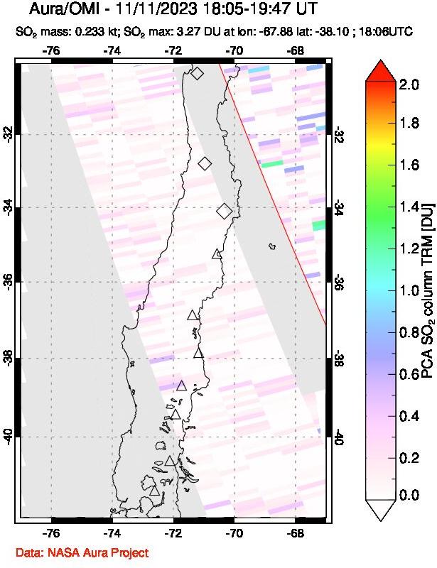 A sulfur dioxide image over Central Chile on Nov 11, 2023.