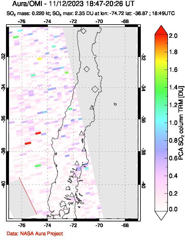 A sulfur dioxide image over Central Chile on Nov 12, 2023.