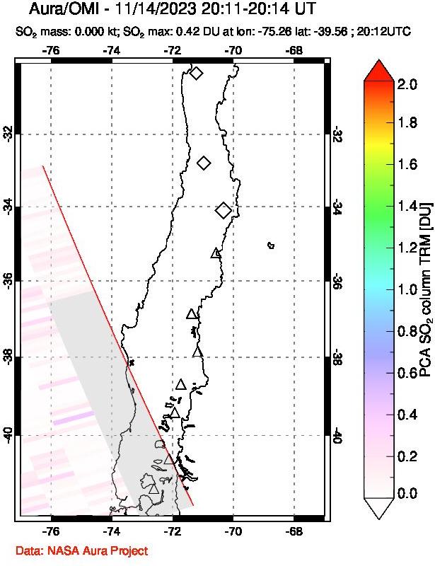 A sulfur dioxide image over Central Chile on Nov 14, 2023.