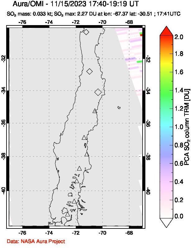 A sulfur dioxide image over Central Chile on Nov 15, 2023.