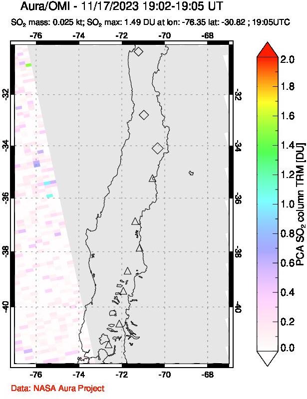 A sulfur dioxide image over Central Chile on Nov 17, 2023.