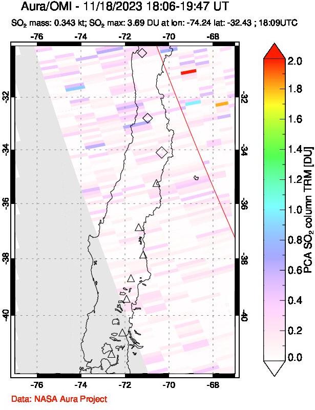 A sulfur dioxide image over Central Chile on Nov 18, 2023.