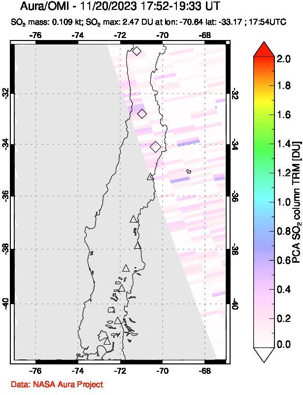 A sulfur dioxide image over Central Chile on Nov 20, 2023.