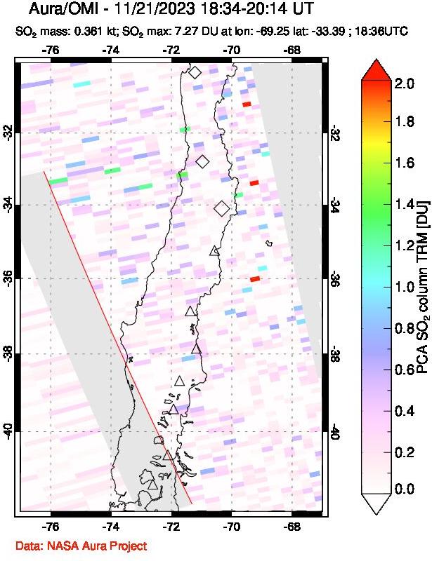 A sulfur dioxide image over Central Chile on Nov 21, 2023.