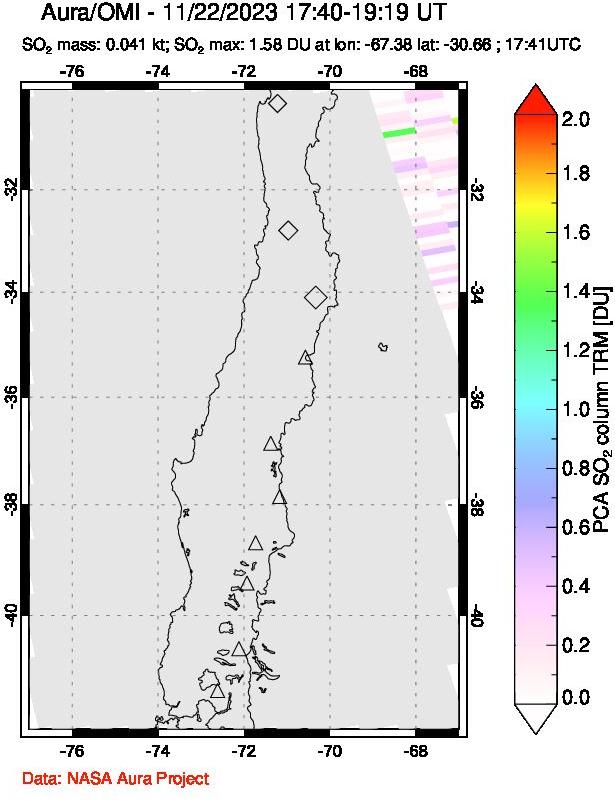 A sulfur dioxide image over Central Chile on Nov 22, 2023.