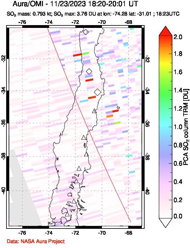 A sulfur dioxide image over Central Chile on Nov 23, 2023.