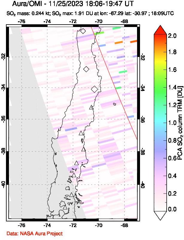 A sulfur dioxide image over Central Chile on Nov 25, 2023.