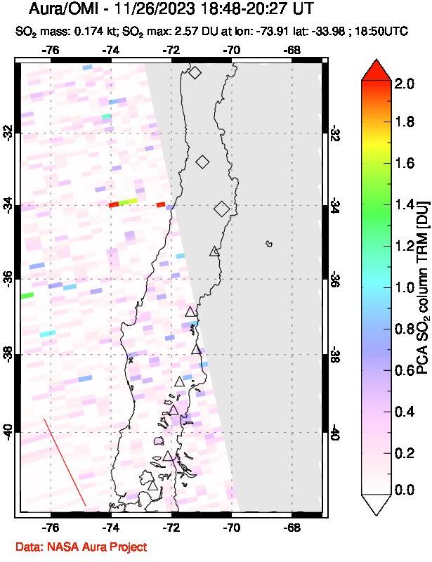 A sulfur dioxide image over Central Chile on Nov 26, 2023.