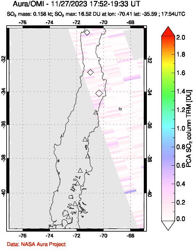 A sulfur dioxide image over Central Chile on Nov 27, 2023.