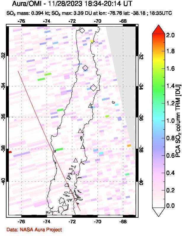 A sulfur dioxide image over Central Chile on Nov 28, 2023.