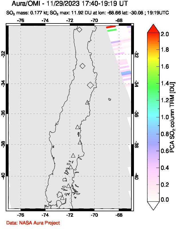 A sulfur dioxide image over Central Chile on Nov 29, 2023.