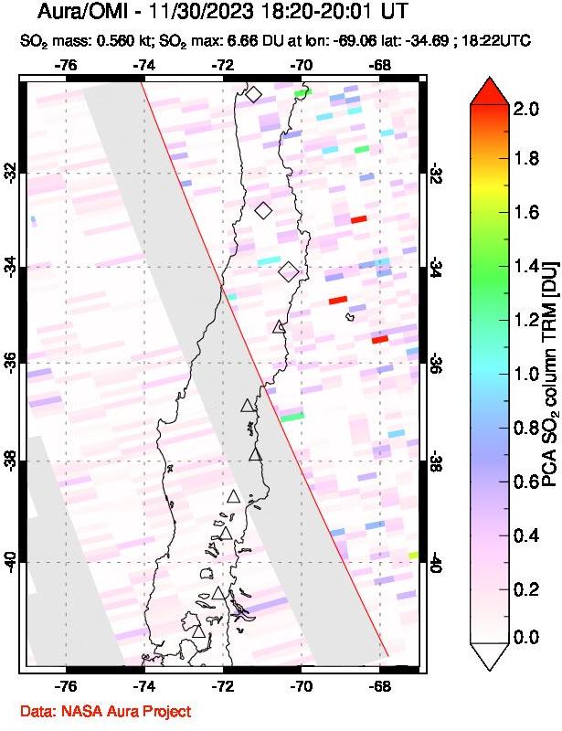 A sulfur dioxide image over Central Chile on Nov 30, 2023.