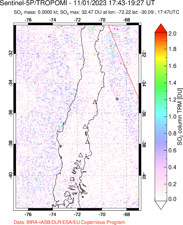 A sulfur dioxide image over Central Chile on Nov 01, 2023.