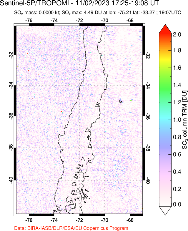 A sulfur dioxide image over Central Chile on Nov 02, 2023.