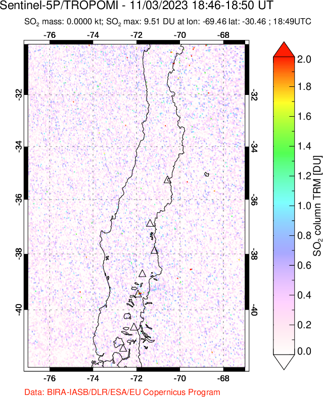 A sulfur dioxide image over Central Chile on Nov 03, 2023.