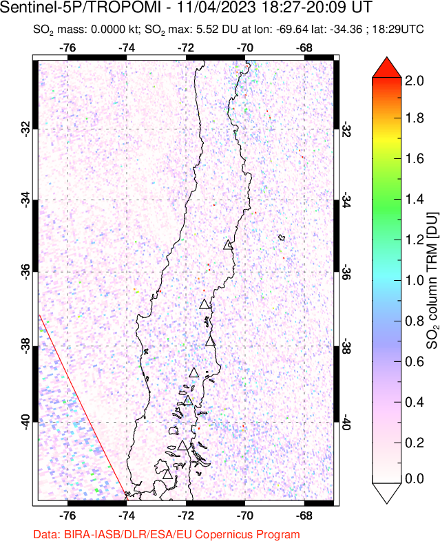 A sulfur dioxide image over Central Chile on Nov 04, 2023.