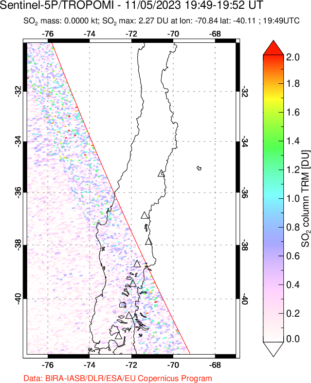 A sulfur dioxide image over Central Chile on Nov 05, 2023.