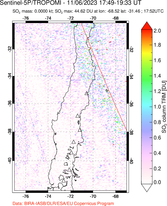 A sulfur dioxide image over Central Chile on Nov 06, 2023.