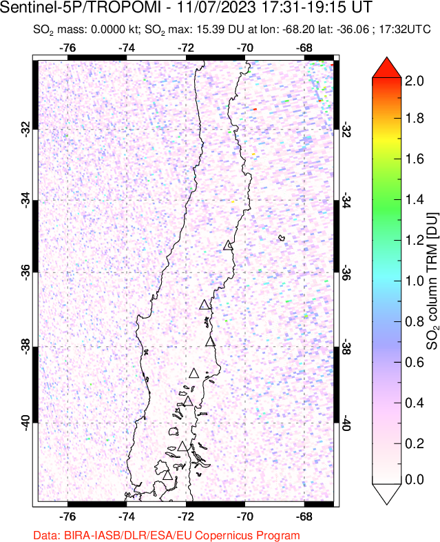 A sulfur dioxide image over Central Chile on Nov 07, 2023.