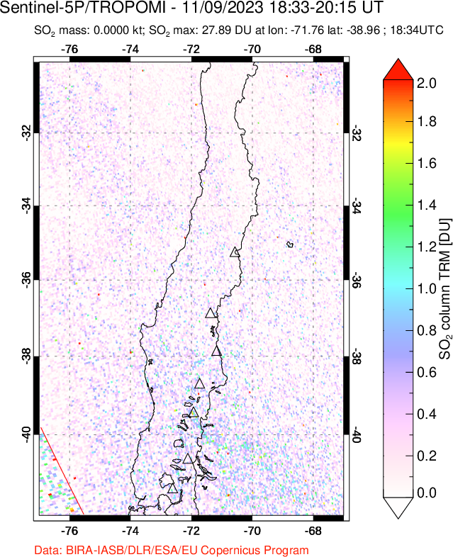 A sulfur dioxide image over Central Chile on Nov 09, 2023.