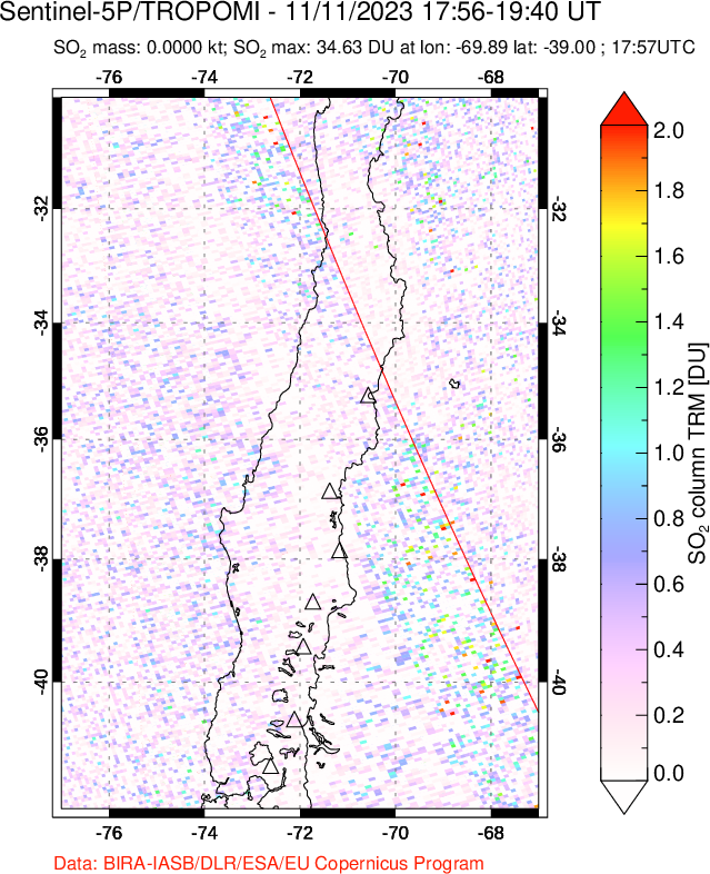 A sulfur dioxide image over Central Chile on Nov 11, 2023.