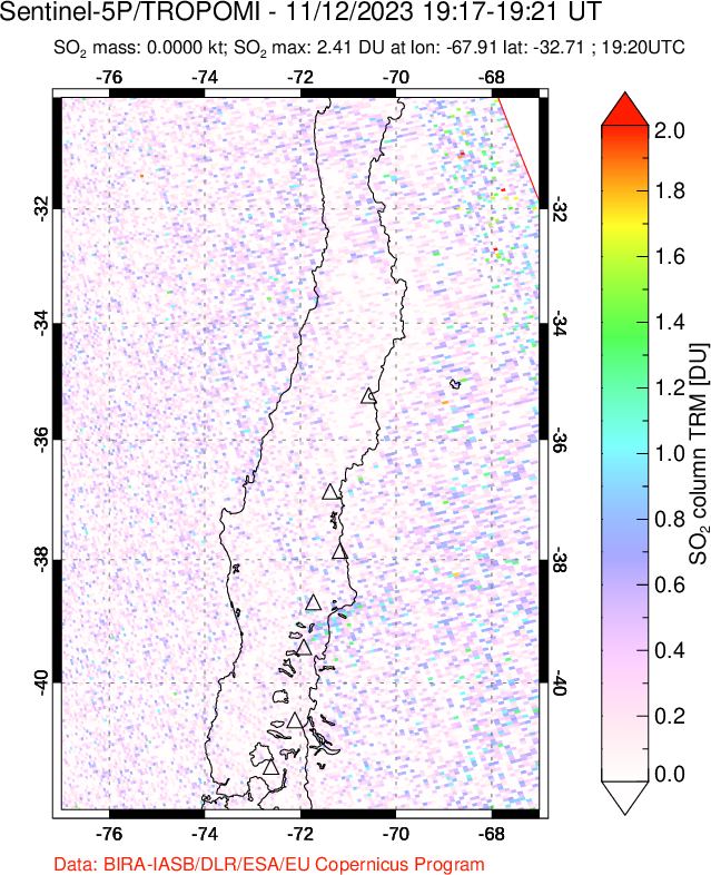 A sulfur dioxide image over Central Chile on Nov 12, 2023.