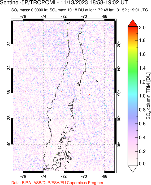 A sulfur dioxide image over Central Chile on Nov 13, 2023.