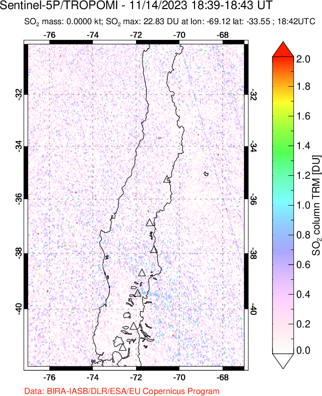 A sulfur dioxide image over Central Chile on Nov 14, 2023.