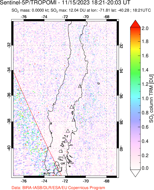 A sulfur dioxide image over Central Chile on Nov 15, 2023.