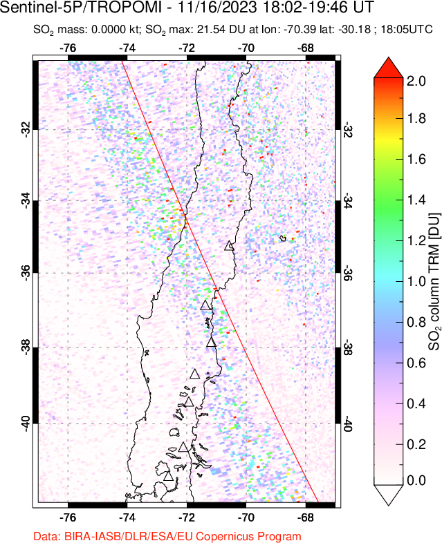 A sulfur dioxide image over Central Chile on Nov 16, 2023.