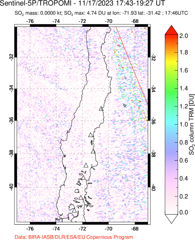 A sulfur dioxide image over Central Chile on Nov 17, 2023.