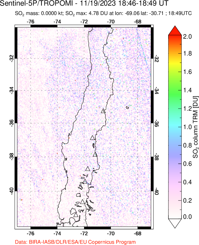 A sulfur dioxide image over Central Chile on Nov 19, 2023.