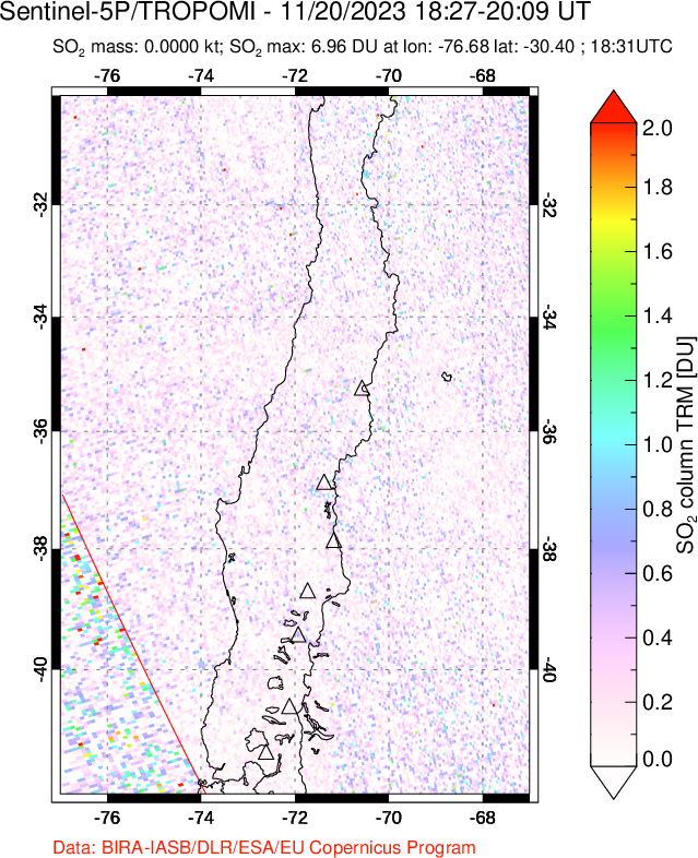 A sulfur dioxide image over Central Chile on Nov 20, 2023.