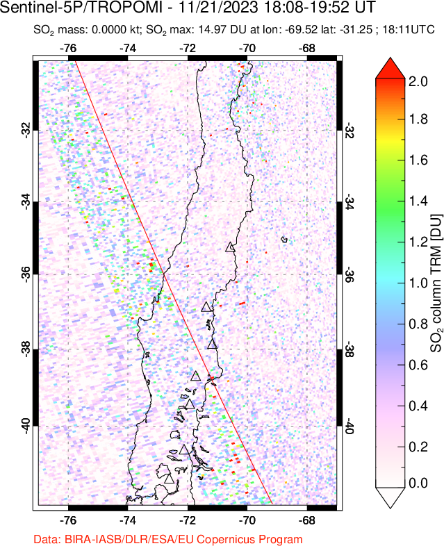 A sulfur dioxide image over Central Chile on Nov 21, 2023.