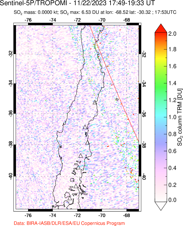 A sulfur dioxide image over Central Chile on Nov 22, 2023.