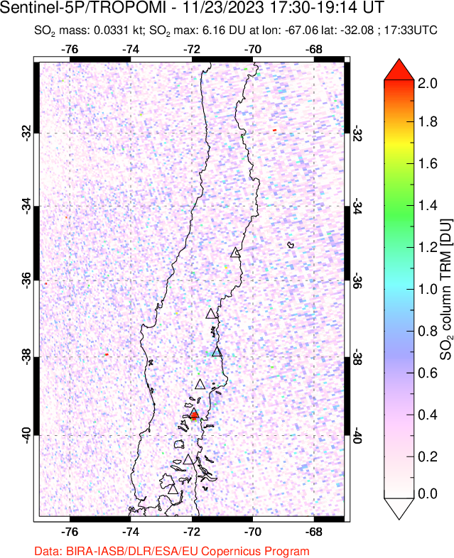 A sulfur dioxide image over Central Chile on Nov 23, 2023.