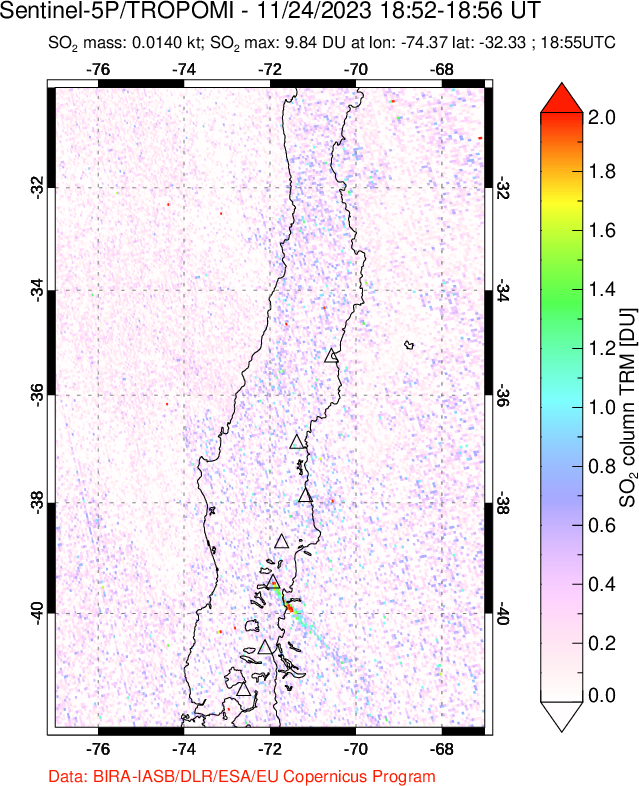 A sulfur dioxide image over Central Chile on Nov 24, 2023.