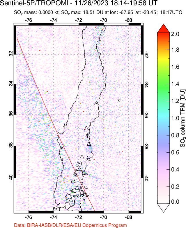 A sulfur dioxide image over Central Chile on Nov 26, 2023.