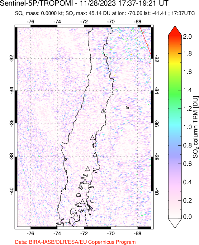 A sulfur dioxide image over Central Chile on Nov 28, 2023.