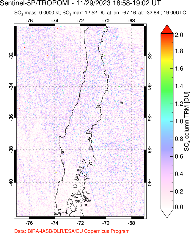 A sulfur dioxide image over Central Chile on Nov 29, 2023.