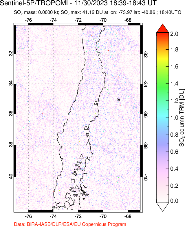 A sulfur dioxide image over Central Chile on Nov 30, 2023.