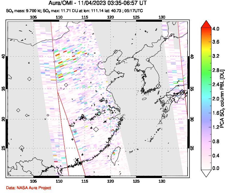 A sulfur dioxide image over Eastern China on Nov 04, 2023.