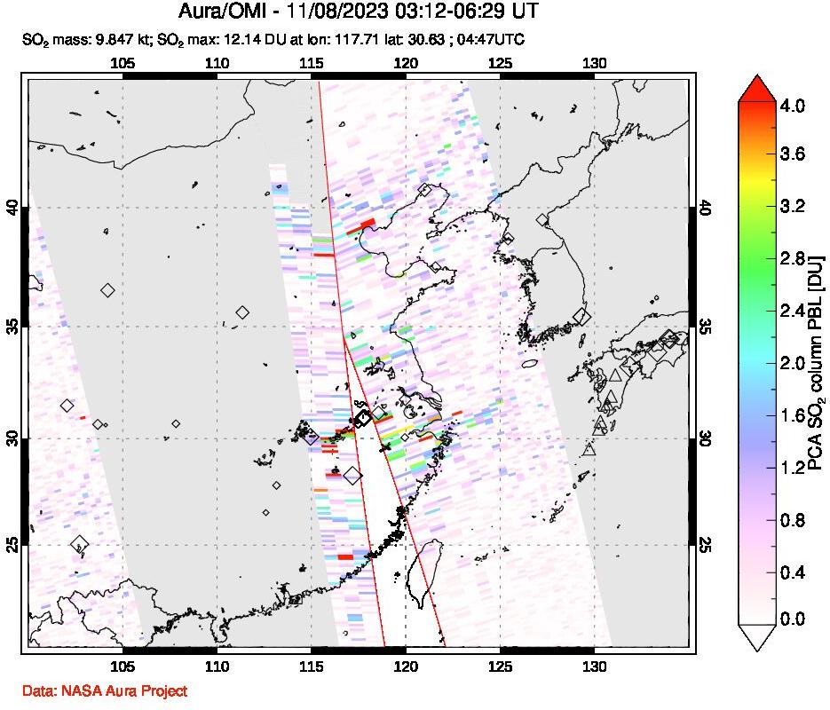 A sulfur dioxide image over Eastern China on Nov 08, 2023.