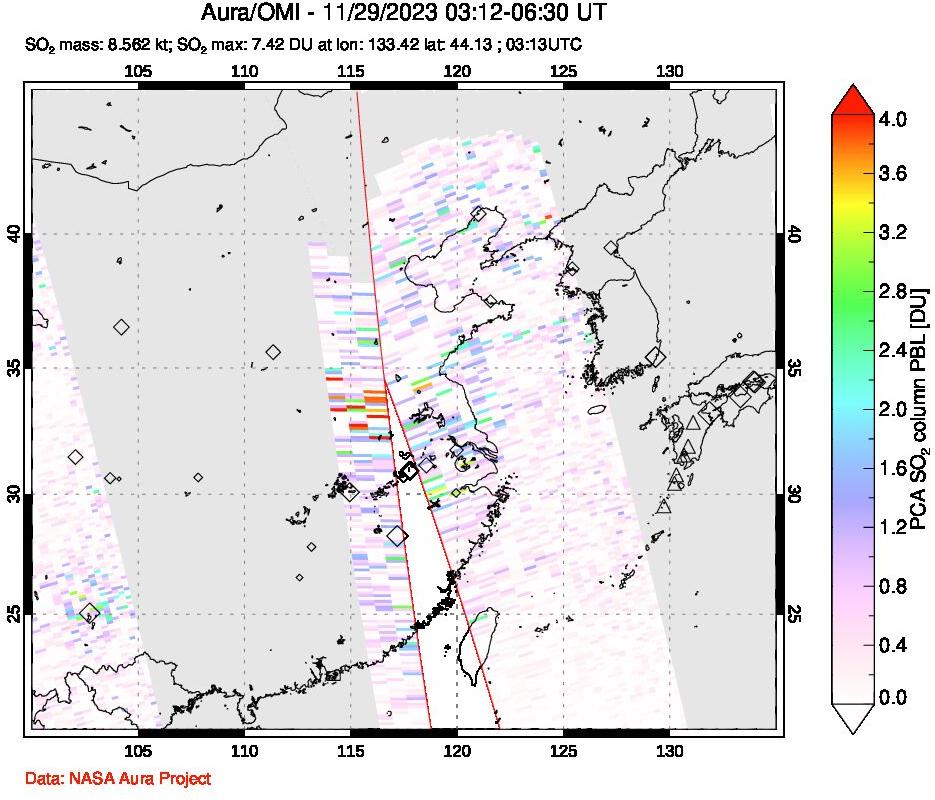 A sulfur dioxide image over Eastern China on Nov 29, 2023.