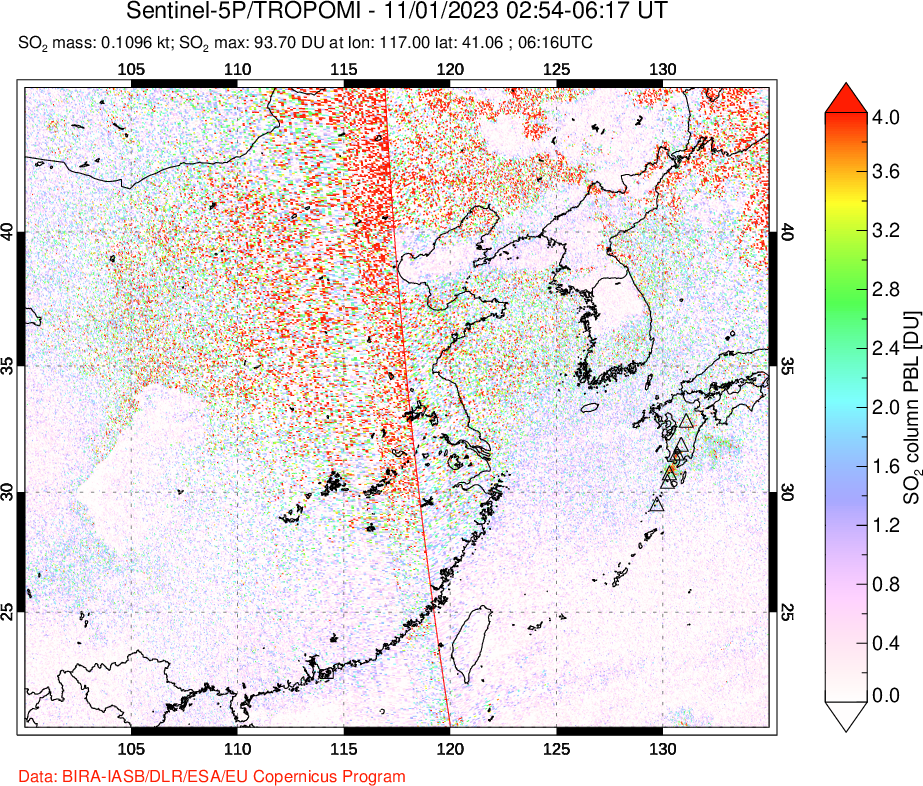 A sulfur dioxide image over Eastern China on Nov 01, 2023.