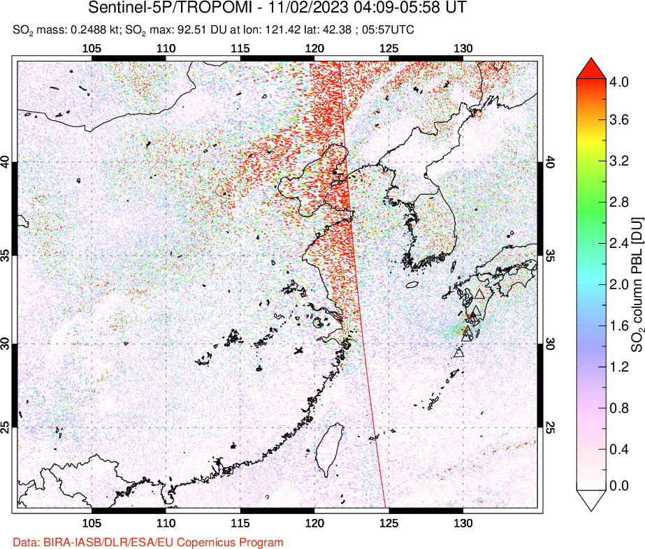A sulfur dioxide image over Eastern China on Nov 02, 2023.