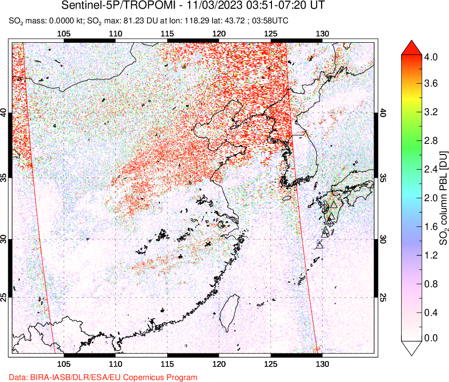 A sulfur dioxide image over Eastern China on Nov 03, 2023.