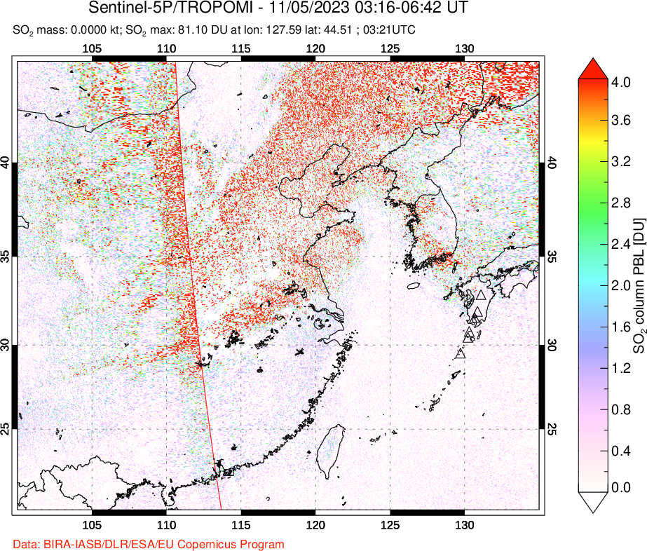 A sulfur dioxide image over Eastern China on Nov 05, 2023.