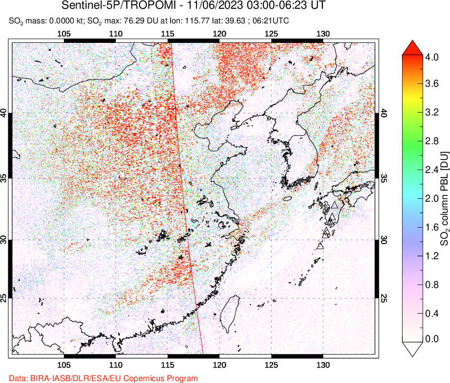 A sulfur dioxide image over Eastern China on Nov 06, 2023.